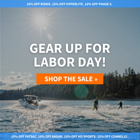 Labor Day sale with people wakeboarding, wakesurf on a lake.