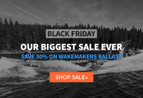 Black Friday sale advertisement with a boat on a lake and trees in the background.